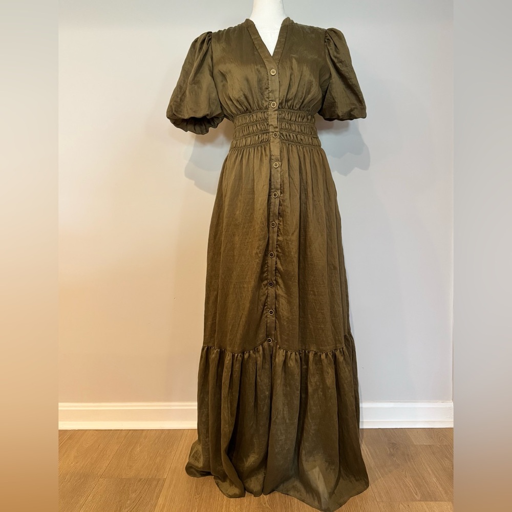 Zarr Collection Olive Green Maxi Women’s Dress Button Front Puff Sleeves Size 6 - Picture 2 of 7
